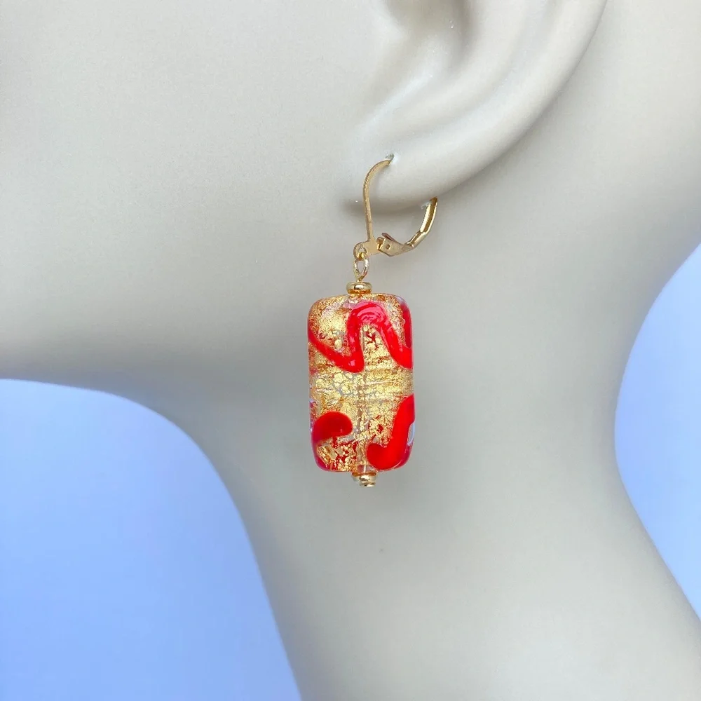 Art Glass Earrings, Handmade, Clear & Red Glass, Genuine Gold, Lamp Work